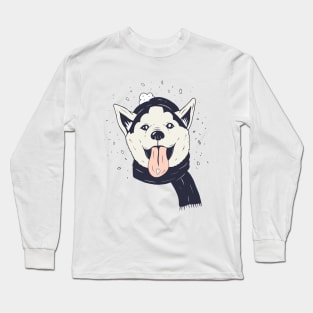 Husky Puppy Christmas Snowing Design Long Sleeve T-Shirt